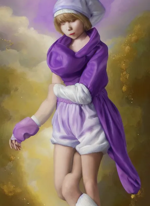 Image similar to A painting of a beautiful and mysterious young girl with short blond hair wearing an oversized purple Beret, Baggy Purple overall shorts, Short Puffy pants made of silk, silk shoes, a big billowy scarf, Golden Ribbon, and white leggings Covered in stars. Short Hair. Sunlit. Haute Couture. Dreamlike. Cloudscape. Fantasy Illustration. Art by william-adolphe bouguereau and Alexandre Cabanel and Anna Dittmann and WLOP and Artgerm and Johannes Helgeson. Smooth. Elegant. Highly Detailed. Intricate. Realistic fantasy illustration. 4K. UHD. Denoise.