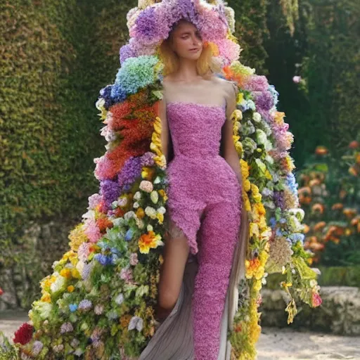 Image similar to A world of various flowers and plants, in which there is a figure of a human, dressed in something magical and impressive, inside this clothes infinity is all in sunset light