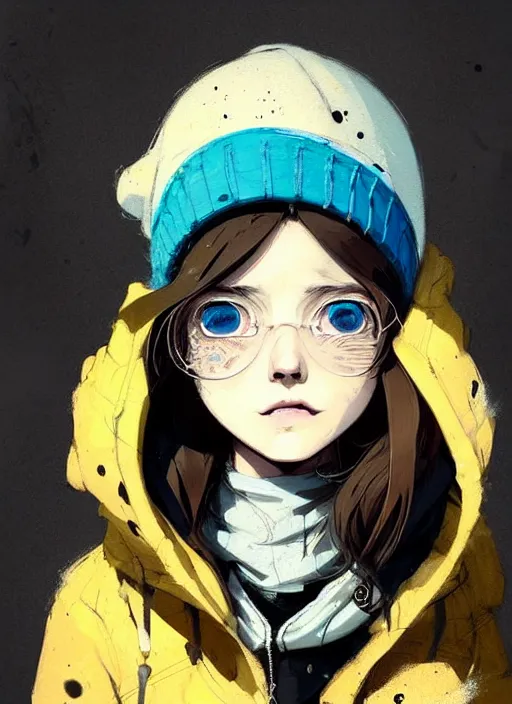Image similar to highly detailed portrait of a sewerpunk student lady, blue eyes, hoody, beanie hat, white hair by atey ghailan, dustin nguyen, by greg rutkowski, by joe fenton, by greg tocchini, by kaethe butcher, gradient yellow, black, brown and cyan color scheme, grunge aesthetic!!! ( ( graffiti tag wall background ) )