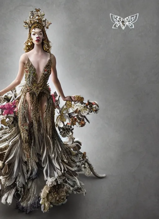 Prompt: full body environmental portrait photo of anya taylor - joy as angel, ornate headpiece made from flowers, ornaments, glamour shot by gemmy woud - binnendijk, chris knight, photorealistic, canon r 3, fashion photography, ornate, elegant, luxury and elite, symmetrical features, octane render, unreal engine, solid dark grey background, dramatic lights