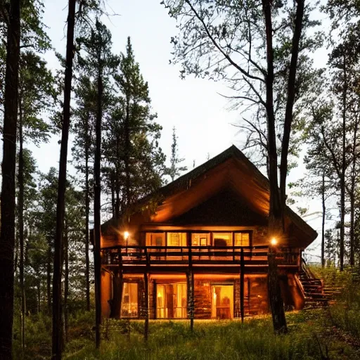 Image similar to beautifully detaild brick and dark wood cabin in the dense forest, lit by moonlight, night time, warm lights, detailed cabin in the woods