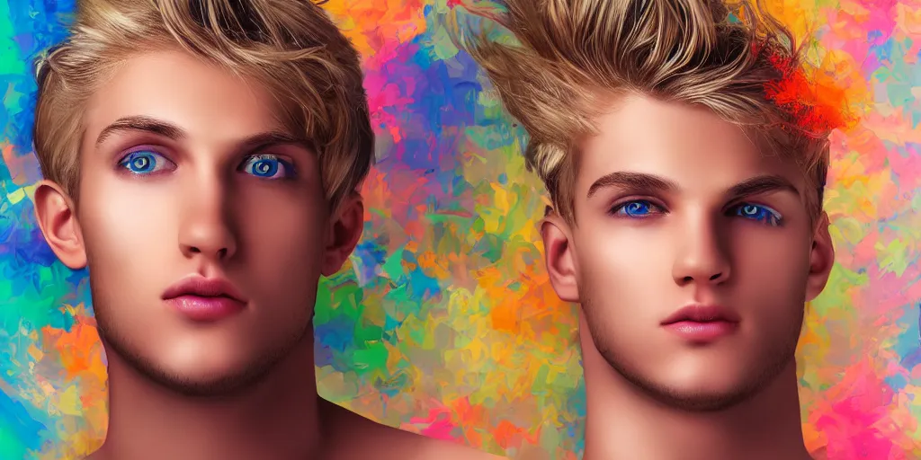 Image similar to extremely beautiful blonde young man with hyperealistic glossy eyes, digital art, colourful background seductive.