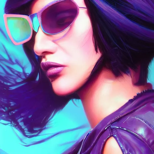 Prompt: very detailed masterpiece closeup painting of a very beautiful young mexican cyberpunk woman with light blue shutter shades, one side haircut, dark purple hair, purple leather jacket, beauty mark on cheek, portrait, synthwave background, artstation, concept art by greg rutkowski