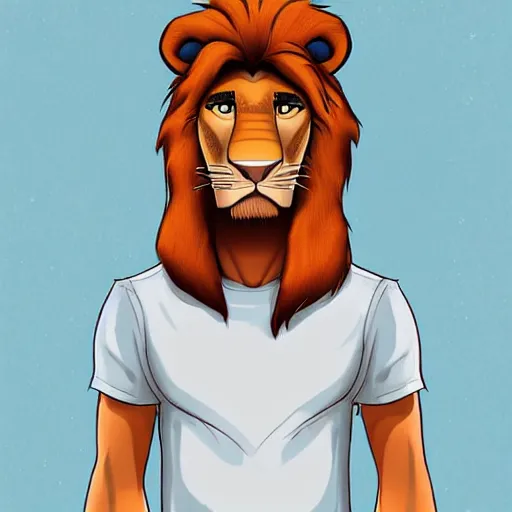 Prompt: a full-height portrait from afar of Simba form the Lion King look like an ordinary human boy with beautiful hair and the head of the lion, wearing a white T-shirt and blue jeans, humanisation, digital art style