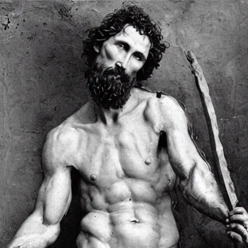 Image similar to “1800s era photograph of Michelangelo sculpting Matthew McConaughey as David, hyperrealistic, hd, faded, cracked, stained”