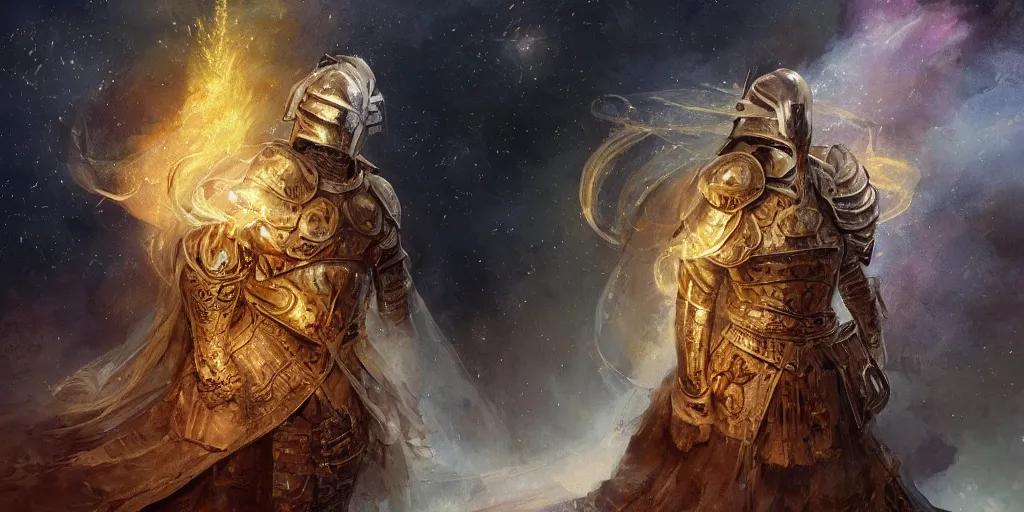 Prompt: breathtaking detailed soft painting of white knight in medieval armor, gauze dress of fireflies and art nouveau sallet of embers, rembrandt style, in a nebulae galaxy with golden ribbons flying in flames, elegant, highly detailed, artstation, concept art, matte, sharp focus, art by Anato Finnstark, Richard Kane Ferguson and Greg Rutkowski