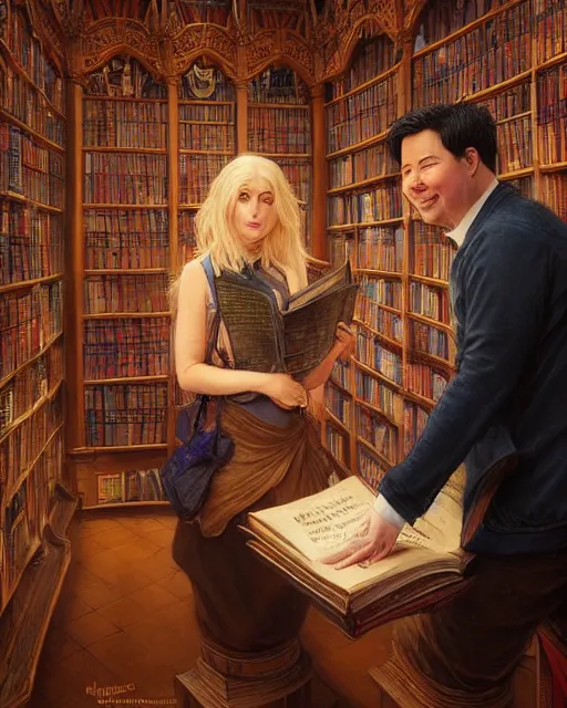 Prompt: michael mcintyre & a blonde lady at livraria lello, real life skin, intricate, highly detailed, artstation, concept art, smooth, sharp focus, art by artgerm and greg rutkowski