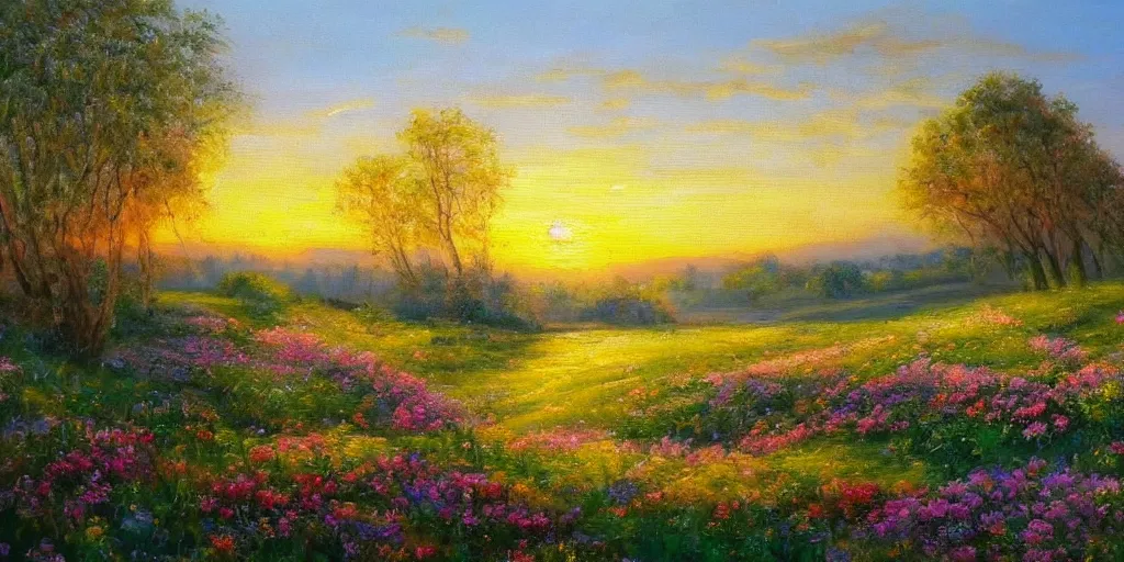 Image similar to an extraordinarily beautiful oil painting of a landscape in spring during sunrise ; the most beautiful painting in the world