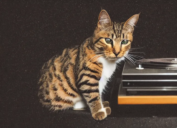 Image similar to photography of a Cat sitting on a record player. in a room full of posters, photorealistic, raining award winning photo, 100mm, sharp, high res