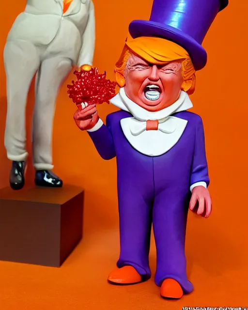 Image similar to wide angle photo of a maquette sculpture of donald trump as willy wonka, he is wearing a victorian era purple jacket and pants, and a velvet purple top hat over his long orange hair. he is holding a candy cane colored cane. his skin is an orange color like an oompa loompa. in the style of sideshow collectibles, highly detailed sculpture