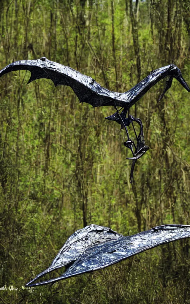 Image similar to metallic iron pterodactyl living in a swamp, photorealistic, photography, trail cam