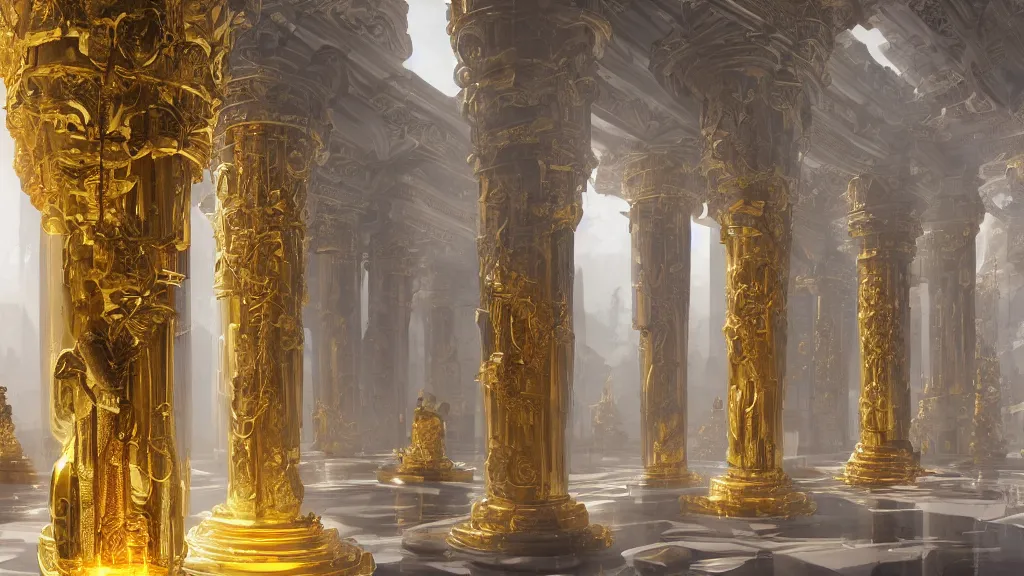 Image similar to glowing golden statues, in an ncient temple in ruins, impeccably clean white marble columns,, by sylvain sarrailh, rossdraws, ambient light, ultra detailed, fantasy artwork, 8 k, volumetric lighting, trending on artstation, award winning, very beautiful.