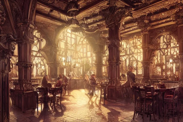 Image similar to ultra realistic illustration, baroque tavern interior from diablo and baldurs gate, intricate, elegant, highly detailed, digital painting, artstation, concept art, smooth, sharp focus, illustration, art by artgerm and greg rutkowski and alphonse mucha