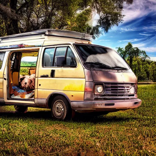 Prompt: Matt Foley living in a van down by the River, EOS 5D, ISO100, f/8, 1/125, 84mm, RAW Dual Pixel, Dolby Vision, HDR, Adobe, AI Enhanced