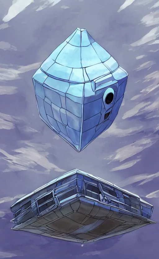 Image similar to an asymmetrical cell - shaded studio ghibli concept art study of a huge silver cube ufo in the sky. an elegant alien is on the ground. very dull colors,, hd, 4 k, hq