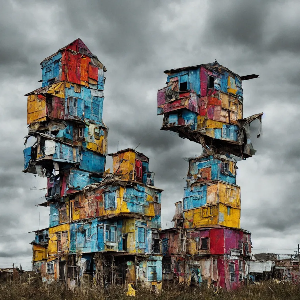 Image similar to close - up view of a tower made up of colourful makeshift squatter shacks, bleached colours, moody cloudy sky, dystopia, mamiya, very detailed, photographed by cristina de middel