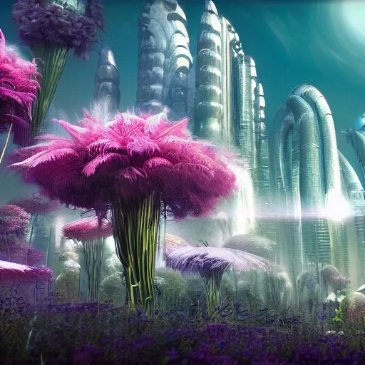 Prompt: lush organic alien skyline, flowers cryengine render by android jones, syd mead, and john stephens