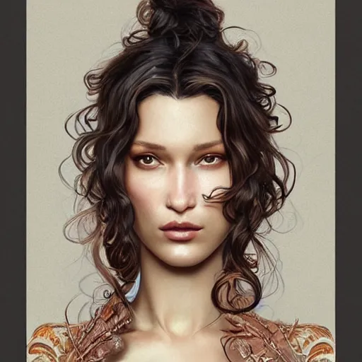 Image similar to ultra realistic illustration, bella hadid wearing a curly english mustache, intricate, elegant, highly detailed, digital painting, artstation, concept art, smooth, sharp focus, illustration, art by artgerm and greg rutkowski and alphonse mucha