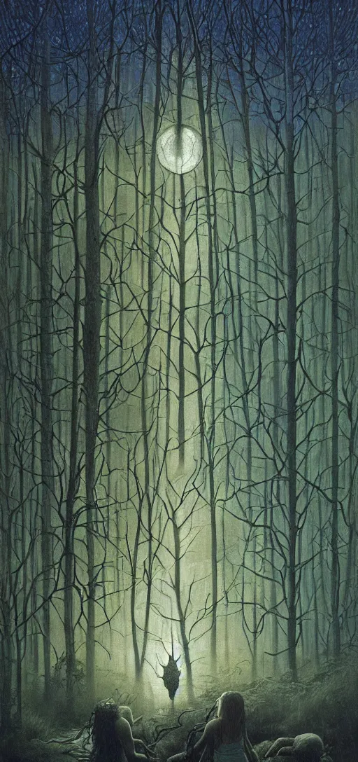 Image similar to painterly dreamy Kupala Night in the blue forest with trees which have eyes, giant flowers, glowing owls, deers, women, lianas, thistles, giant fantasy creatures, a stream and sky with moon and stars by Beksinski, Alex Grey, Aron Wiesenfeld and Giger dark fantasy, witcher, very detailed oil painting in the alla prima style, masterpiece, 8k