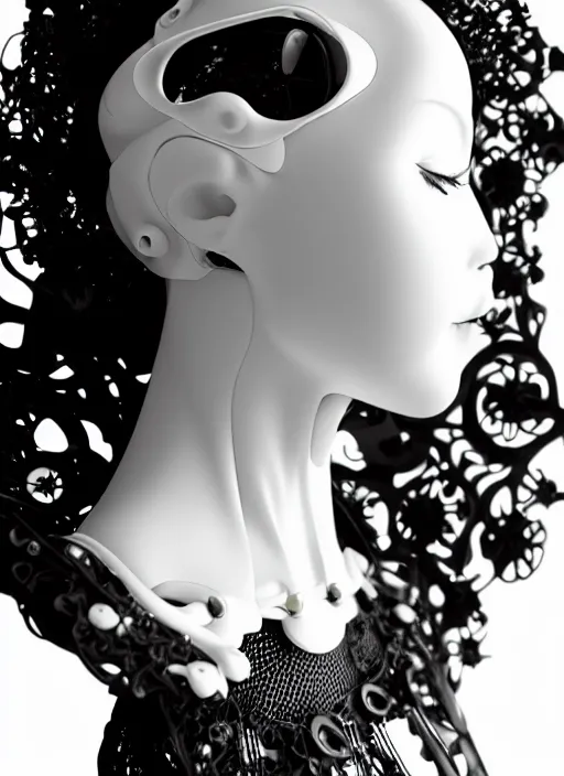 Image similar to black and white dreamy profile face portrait, biomechanical beautiful angelic young female cyborg - robot - doll bust, body ribs meshes, volumetric light, hibiscus flowers, rim light, big gothic fashion pearl embroidered collar, 1 9 3 0, 8 k