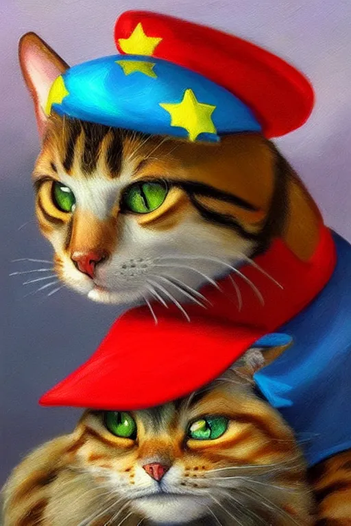 Image similar to A beautiful oil painting of a Cat wearing a Super Mario Hat, intricate, volumetric lighting, summer, hyperrealistic, colorful, hyperdetailed.