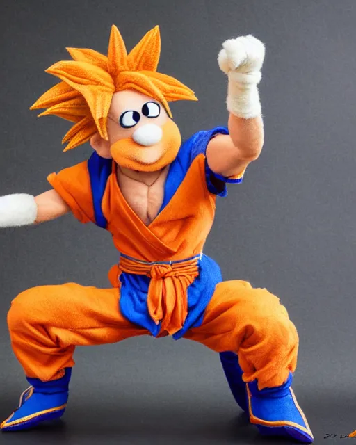 Image similar to goku as a muppet. highly detailed felt. hyper real photo. 4 k.