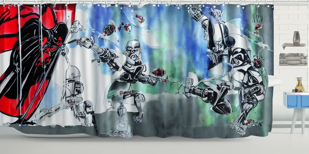 Image similar to shower curtain product catalog. wide - angle photo. on the curtain is a low - angle hero - shot watercolor of a ladybug robot fighting against darth vader. the robot has an epic showdown with darth vader. the water color has ink under drawing. highly coherent, product photography of a shower curtain, product lighting. 4 k, highly detailed. saturated.