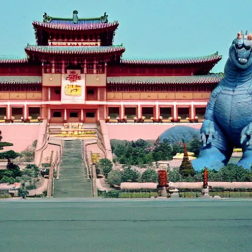 Image similar to Pulgasari the Kaiju Monster, overshadowing a Korean palace, Kodachrome 35mm cinemascope, Kim Jong-il production