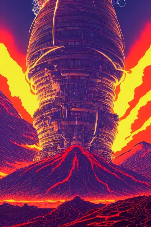 Image similar to artwork by kilian eng and ( dan mumford ) and toshi yoshida and franklin booth showing a gigantic futuristic powerstation!! in front of a ( ( exploding volcano ) ), vintage scifi, high details, dramatic lightning,, 8 k