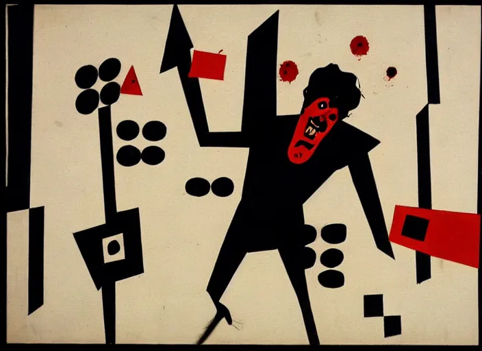 Image similar to a cubistic depiction of the hell in Bauhaus style, disturbing, with blood splatters later added showing the devil himself