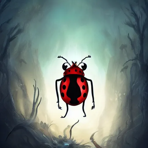 Prompt: ladybug as a monster, fantasy art style, scary atmosphere, nightmare - like dream, dramatic lighting