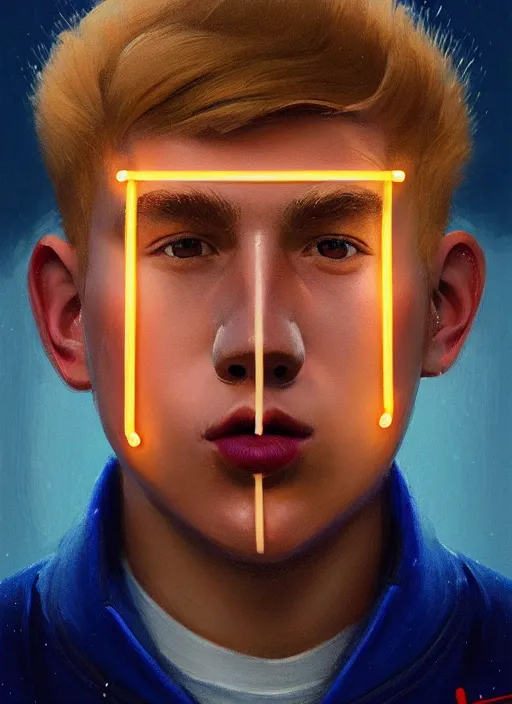 Image similar to portrait of high school senior boy named big moose, blonde short hair, jock, beefy, wide face, square jaw, square facial structure, blue varsity jacket with letter r, intricate, elegant, glowing lights, highly detailed, digital painting, artstation, concept art, sharp focus, illustration, art by wlop, mars ravelo and greg rutkowski