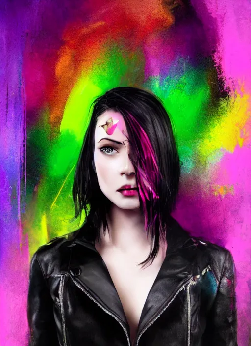 Image similar to a photo of 8 k ultra realistic a black haired female in high heels and a black leather jacket, pink, purple, green, yelow, red, blue, white neon, art by lise deharme