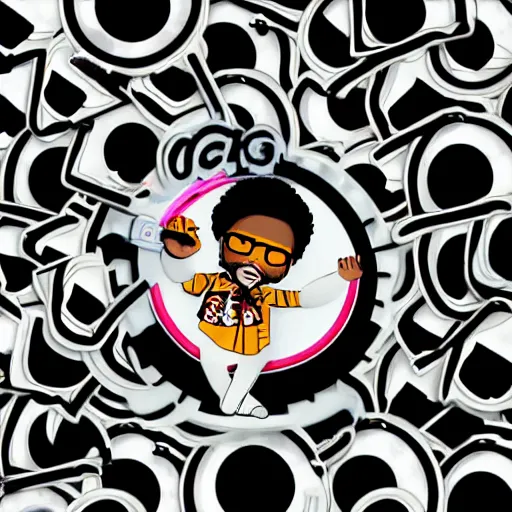 Image similar to svg sticker of a Dancing-Ben-Harper-Snoop-Spike-Lee-with-a-large-Afro-Puff, at a rave, spinning records, giant headphones rocking out, wearing headphones, huge speakers, dancing, rave, DJ, spinning records, digital art, amazing composition, rule-of-thirds, award-winning, trending on artstation, featured on deviantart