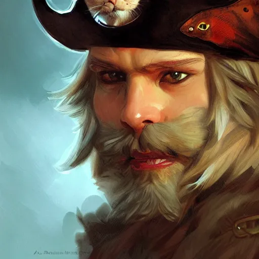 Prompt: portrait, male humanoid cat, eye patch, black fur, pirate, doctor, pirate clothes, d & d, fantasy, intricate, elegant, highly detailed, digital painting, artstation, concept art, matte, sharp focus, illustration, art by artgerm and greg rutkowski and alphonse mucha