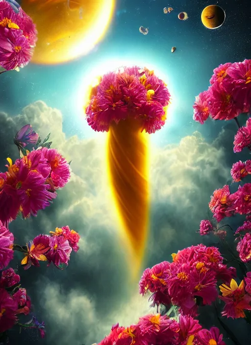 Image similar to An epic fantastic realism comic book style painting of the most beautiful flowers launched into space, bouquets, solar eclipse, fisheye, unreal 5, DAZ, hyperrealistic, octane render, dynamic lighting