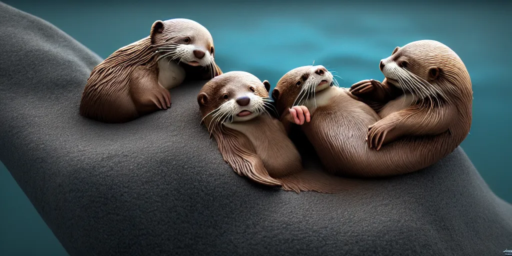 Prompt: my little everything, happy brave magical cuteness, fantasy otter love, otters holding hands side by side in the very scary stormy sea, he holds her while she sleeps, hyper - realism, 8 k octane render