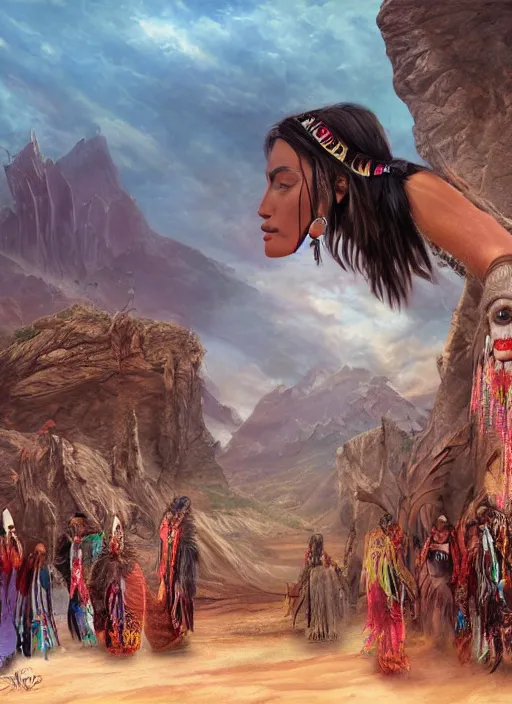 Image similar to acceptance, welcoming, indigenous woman, matte painting, fantasy art