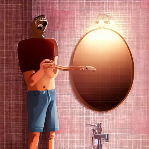 Prompt: a man standing in a bathroom, he is brushing his teeth and looks at himself in the mirror, his expression is happy, he seems to be Satisfied, the bathroom is bright, and The tiles have pastel colors, hyper detailed digital art Illustration but as photography, 8k