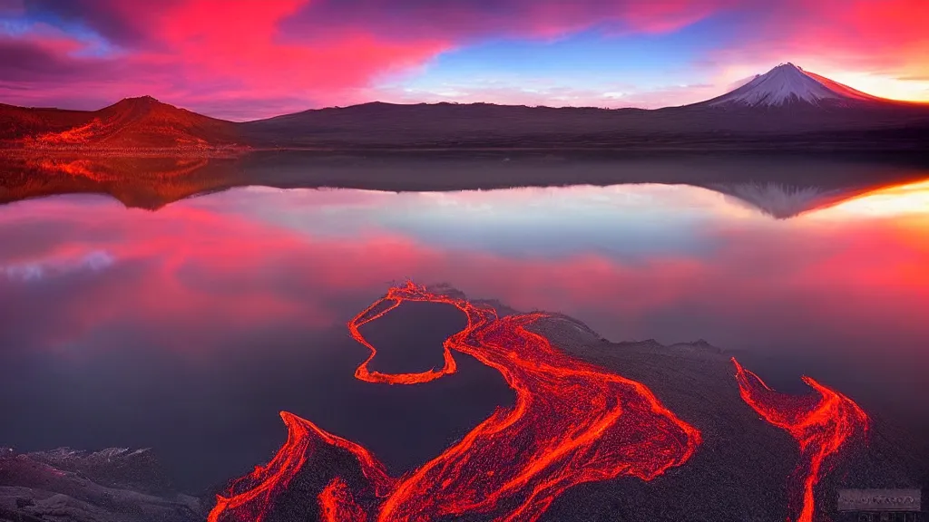 Image similar to amazing landscape photo of a volcano with lake in sunset by marc adamus, beautiful dramatic lighting