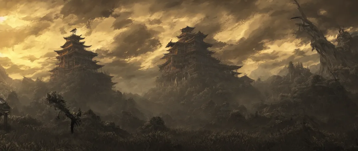 Prompt: digital painting concept art of a landscape with a huge skeleton in it, highly detailed, in the style of sekiro, landscape painting, volumetric lighting, Matte painting, trending on artstation, day time, godrays