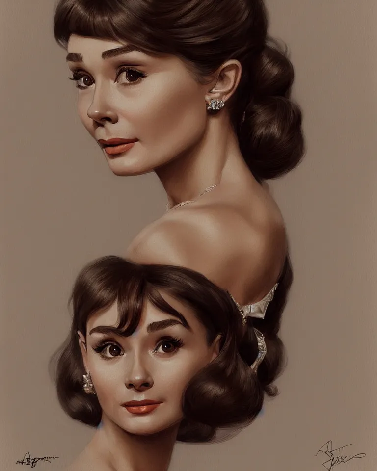 Image similar to portrait of a young audrey hepburn, upper bust, seductive eyes, long hair, joyful smirk, intricate, elegant, highly detailed, digital painting, artstation, concept art, matte, sharp focus, illustration, art by artgerm and greg rutkowski and alphonse mucha
