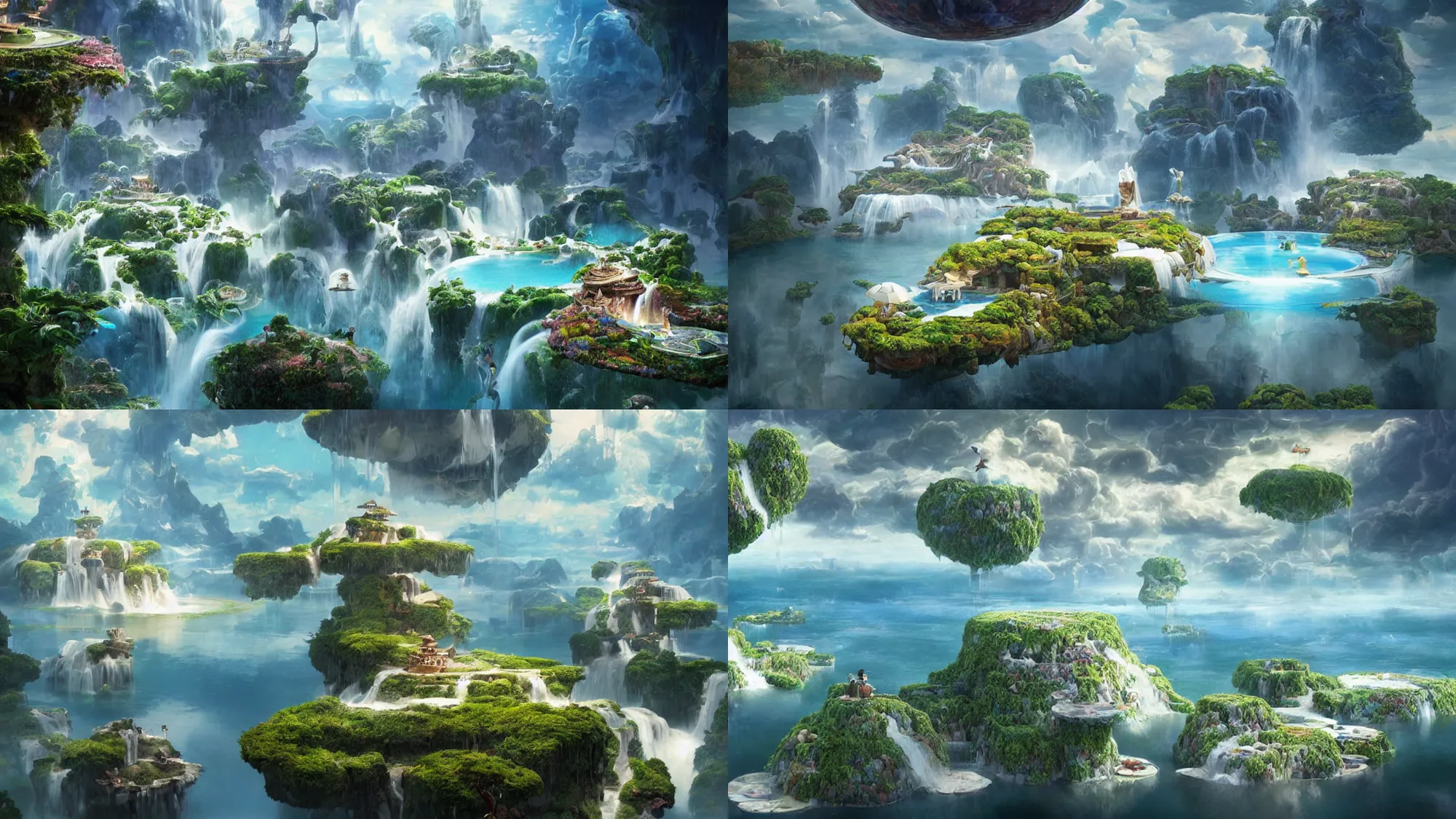 Image similar to floating islands with waterfalls connecting each other whimsical surrealism, based on child's drawing, lsd trip, dream recording, deep - space imaging fantastical setting isometric view octane render, art by salvador dali, greg rutkowski studio ghibli