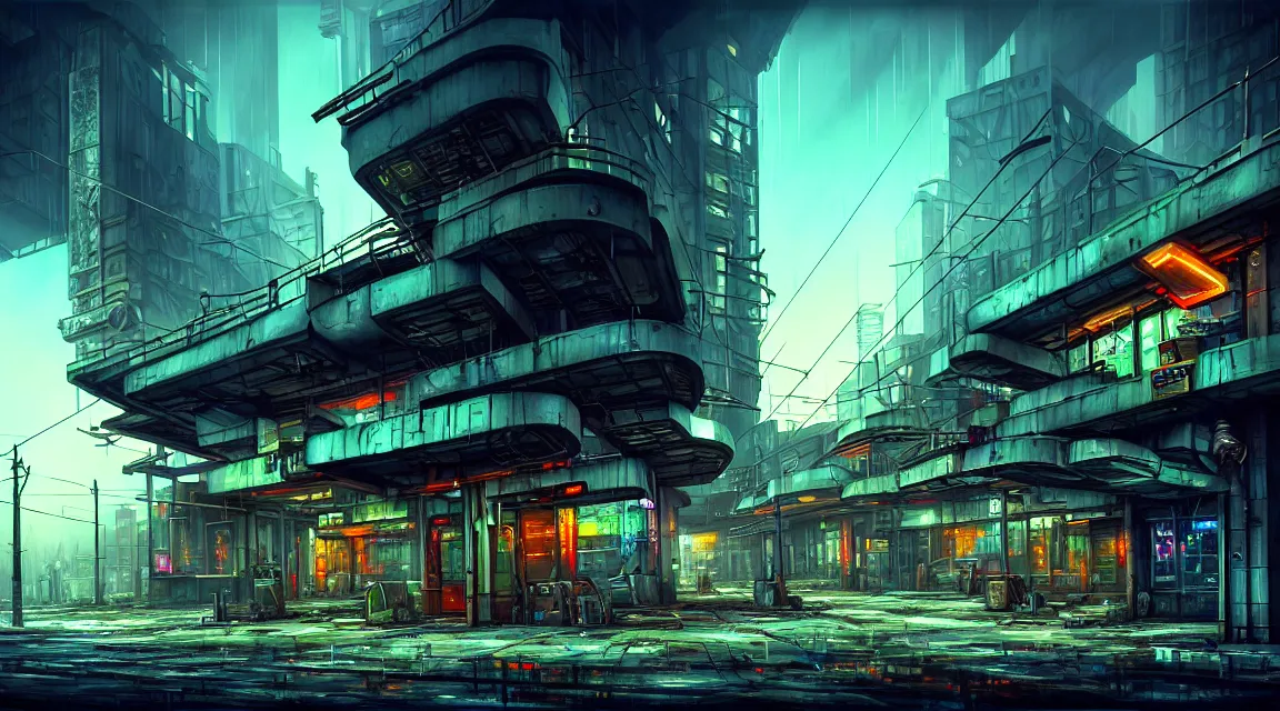 Image similar to post apocalyptic cyberpunk police station, building, avenue, urban architecture, americana architecture, concrete architecture, cloudy sky, paved roads, by guido borelli, by boris vallejo trending on artstation, photorealistic, wild vegetation, utopian, futuristic, blade runner, vivid colors scheme, neon signs, sharp, clear, focus