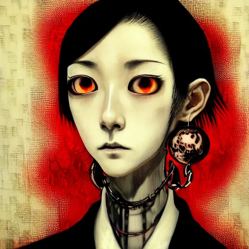 Image similar to yoshitaka amano blurred and dreamy realistic three quarter angle portrait of a sinister young woman with short hair, big earrings, barbed wire and red eyes wearing office suit with tie, junji ito abstract patterns in the background, satoshi kon anime, noisy film grain effect, highly detailed, renaissance oil painting, weird portrait angle, blurred lost edges