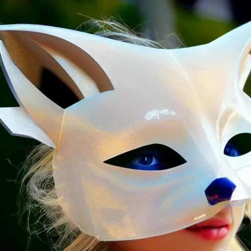 Prompt: dream a young blue-eyed blonde woman wearing a transparent fox mask made of pristine glass
