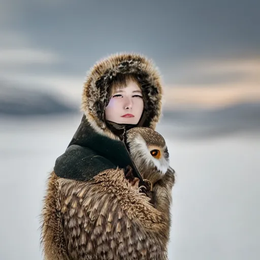 Image similar to symmetry!! portrait photograph shot on petzval lens of an extremely beautiful!!!! young blonde female with symmetric face. with a very detailed barn owl!!!!! on her shoulder. wearing mongolian traditional outfit in iceland. shallow depth of field. featured on flickr, art photography,
