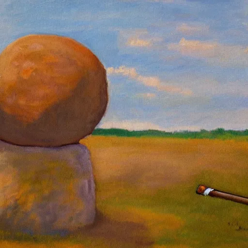 Prompt: impressionist painting of a round boulder on a pedestal smoking a cigarette, brown background