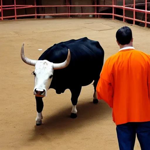 Image similar to bull wearing orange inmate clothes in a bullring with a torero