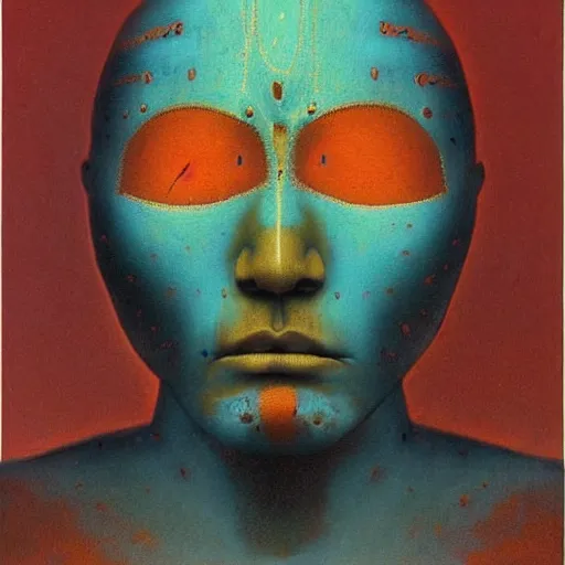 Prompt: symmetric portrait of indigenous warrior, turquoise and orange. realistic. high detail.by zdzisław beksiński